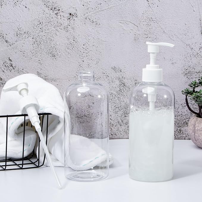 Pump Bottle Shampoo Pump Dispenser, Yebeauty Shampoo Bottles with Pump 16.9oz Clear Plastic Empty Refillable Shower Bottle 2 Pieces Containers with Travel Lock for Soap Cream Lotion Gel