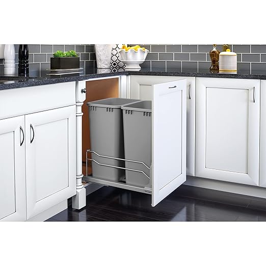 Rev-A-Shelf Double Pullout Trash for Full Height Kitchen Cabinets 50 Quart 12.5 Gallon with Soft-Close Slides, Metallic Silver, 53WC-2150SCDM-217
