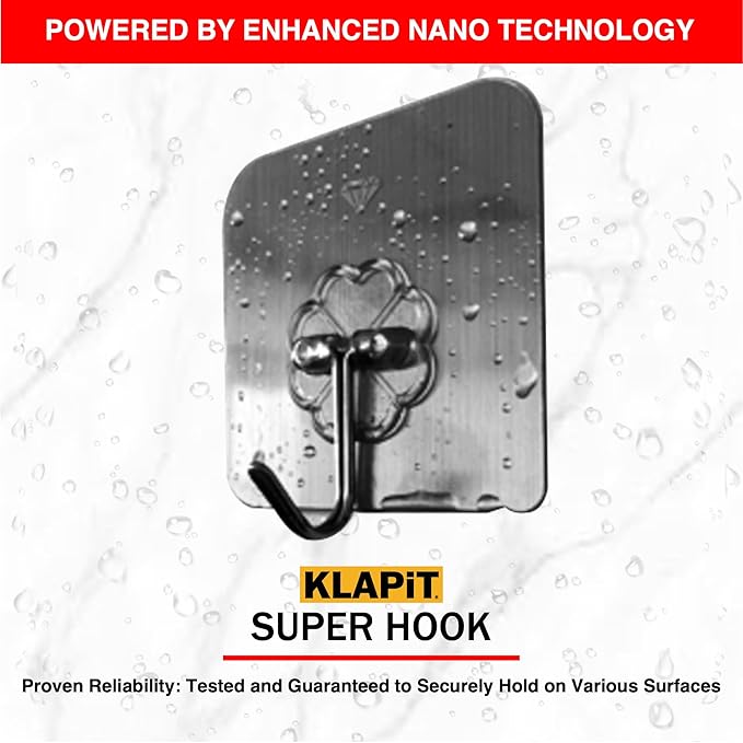 KLAPiT Super Hook - Heavy-Duty Adhesive Wall Hooks, Holds Up to 11 lbs, Waterproof, No Damage, Easy Install on Tile, Wood, Stone, Glass & Metal - Made of Steel (Silver, 8pc)