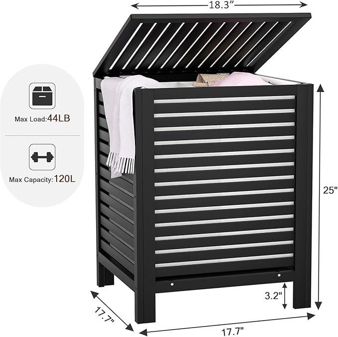 Homykic Bamboo Laundry Hamper with Lid, 120L Large Clothes Laundry Sorter with Removable 2-Section Liner Bag, Raised Laundry Basket Organizer for Clothing, Bathroom, Bedroom, Laundry Room, Black