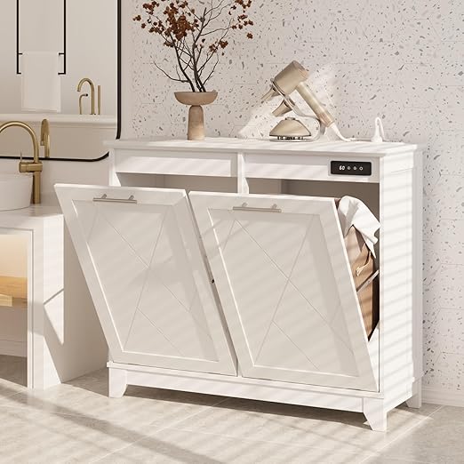 Double Tilt Out Trash Can Cabinet, 10 * 2 Gallon Garbage Trash Bin with Charging Station and Deodorizing Function, Dog-Proof Storage Cabinet for Hidden Bathroom Laundry Hamper, White