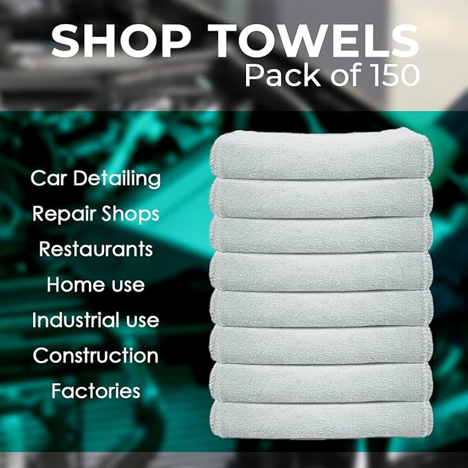 Avalon Towels Cotton Shop Rags – (Pack of 150) Size 12x14 Inches Cleaning Rags – Absorbent Shop Towels and Multipurpose Cleaning Towels for Automobiles, Industries, Garage and Homes