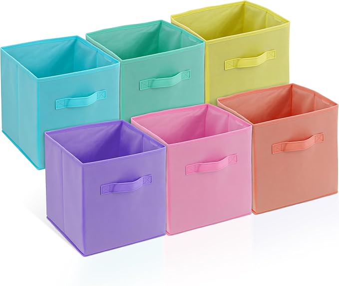 4E's Novelty 6 Pack 11 Inch Pastel Color Storage Foldable Cube Bins, Colorful Storage Baskets For Nursery, Kids Room, Fabric Baskets For Toys, Clothes, Classroom Organization and Storage