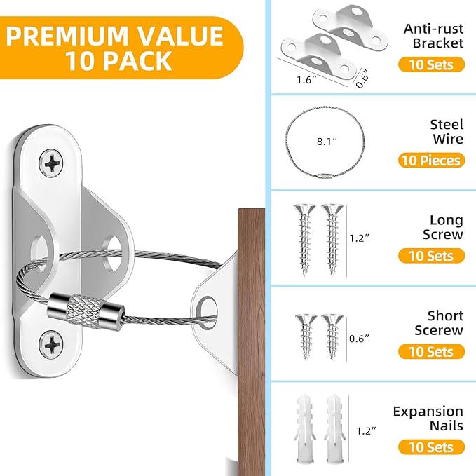 10-Pack Baby Proof Heavy Duty Furniture Anchors for Dressers, Bookcases and TV Cabinets 400LB Anti Tip Kit with Stainless Steel Hardware Shock Straps (White)