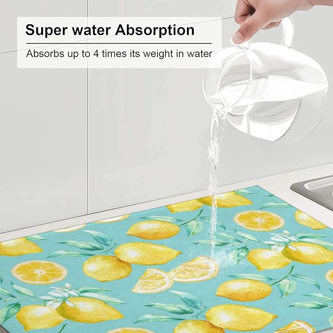 Spring Yellow Lemon Teal Background Microfiber Dish Drying Mat For Kitchen Countertop Xl Absorbent Reversible Drainer Rack Pad Extra Large 18 X 24 Inch