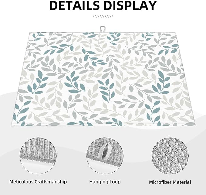 Grey And Blue Leaves Branches Microfiber Absorbent Reversible Dish Drying Mat For Kitchen Counter Xl Large Pad 18 X 24 Inch