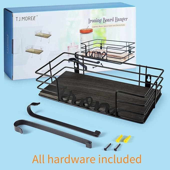 TJ.MOREE Ironing Board Hanger Wall Mount - Laundry Room Iron and Ironing Board Holder, Metal Wall Mount with Large Storage Black Wooden Base Basket and Removable Hook(Black)