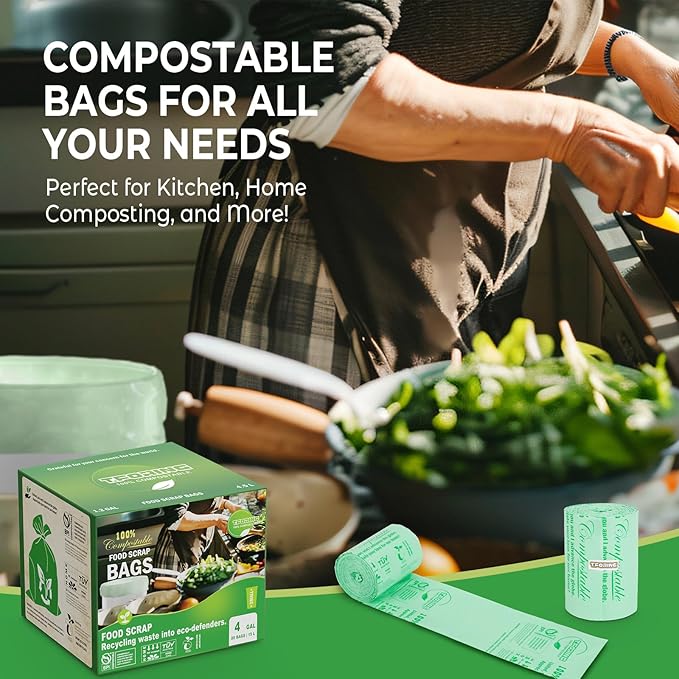 Compostable Trash Bags, 3-4 Gallon, 15 L, Extra Thick 0.8 Mil, Small Kitchen Food Scrap Waste Bags, ASTM D6400, US BPI, 80 Count