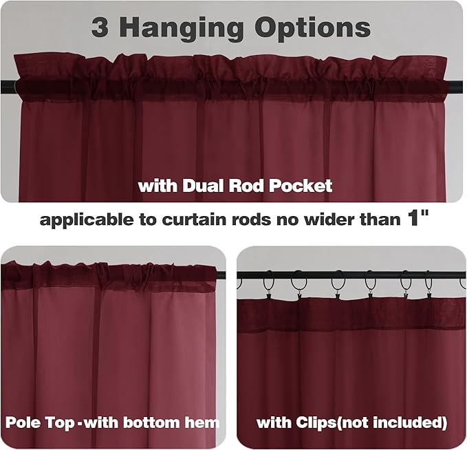 Chyhomenyc Burgundy Sheer Curtains 84 Inches Long 2 Panels Set, Light Filtering Voile Window Drapes for Bedroom Living Room, 42Wx84L Inch, Burgundy, 2PCS