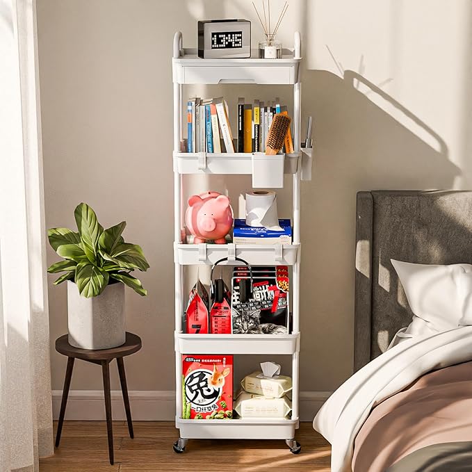 5 Tier Rolling Cart Organizer,Bathroom Cart Organizers with Wheels Laundry Room Organization Mobile Shelving Unit Utility Cart Storage Shelves Multi-Functional for Office, Home(White)