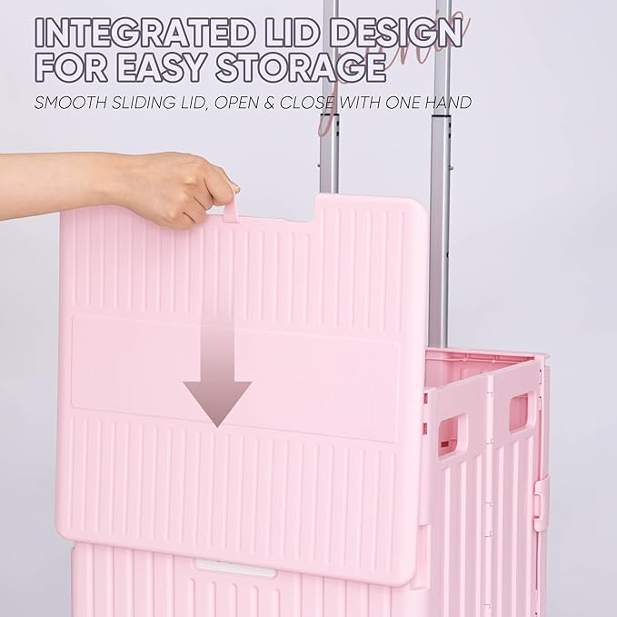 VUSIGN Folding Utility Cart, Foldable Rolling Crate Handcart with Lid, Portable Collapsible Shopping Trolley Tool Box, 4 Rotate Wheels for Grocery, Office, Travel, Teacher, Luggage, Pink