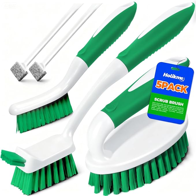Holikme Cleaning Brush Set for Household Use, Scrub Brush, Kitchen Brush, Tile Lines Brush for Bathroom, Floor, Tub, Shower and Kitchen Surface (Green)