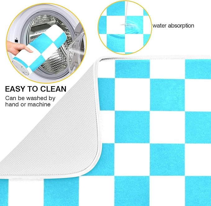 Turquoise Chessboard Dish Drying Mat for Kitchen Countertop 16x18 Teal Plaid Checkered Rectangle Small Drying Mat Reusable Quick Dry Dish Sink Absorbent Mats Easy Clean Decorative Home Essentials