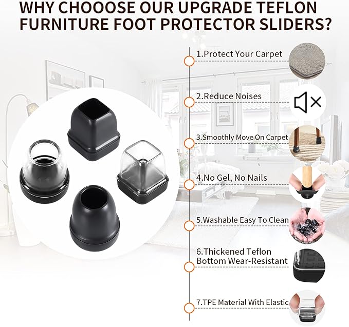 Ezprotekt 24 Pcs Extra Small Clear Chair Leg Sliders for Carpet, Round Teflon Furniture Pads for Rug Glides Easily Without Scratches - for Table, Couch, Patio Chair Legs (S Fit: 0.55" to 0.75")