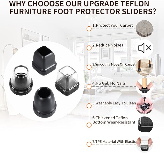 Ezprotekt 24 Pcs Chair Leg Sliders for Carpet, Square Black Teflon Furniture Glides Protectors Covers, Bar Stool Carpet Sliders Caps for Chair Table Desk Couch Legs (S Fit: 0.55"- 0.75")