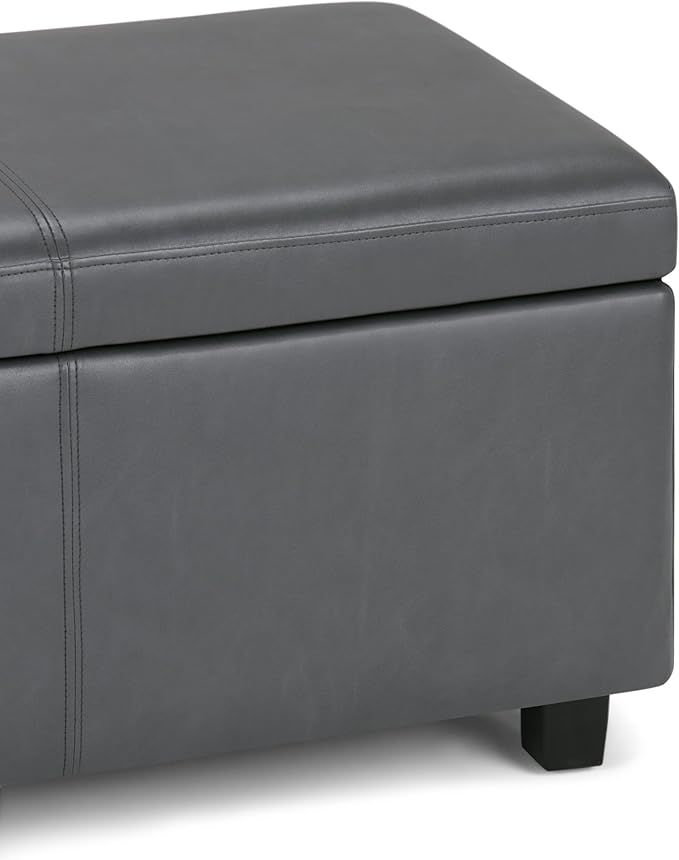 SIMPLIHOME Avalon 48 inch Wide Contemporary Rectangle Storage Ottoman Bench in Stone Grey Vegan Faux Leather, Assembled, For the Living Room, Entryway and Family Room