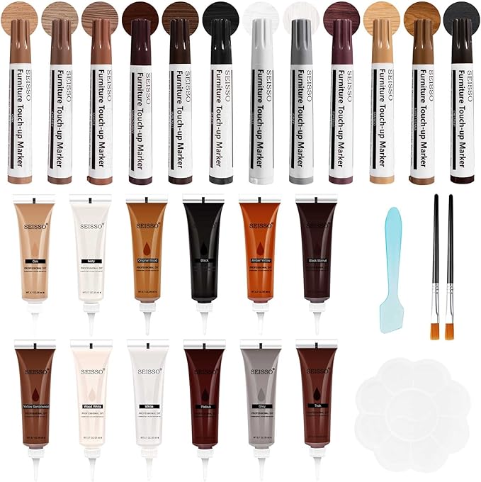 SEISSO Furniture Repair Kit, Wood Markers for Scratches, 12 Colors Furniture Touch-up Markers and Wood Fillers, New Upgrade Wood Repair Kit - Restore Wooden Table, Cabinet, Floors, Door