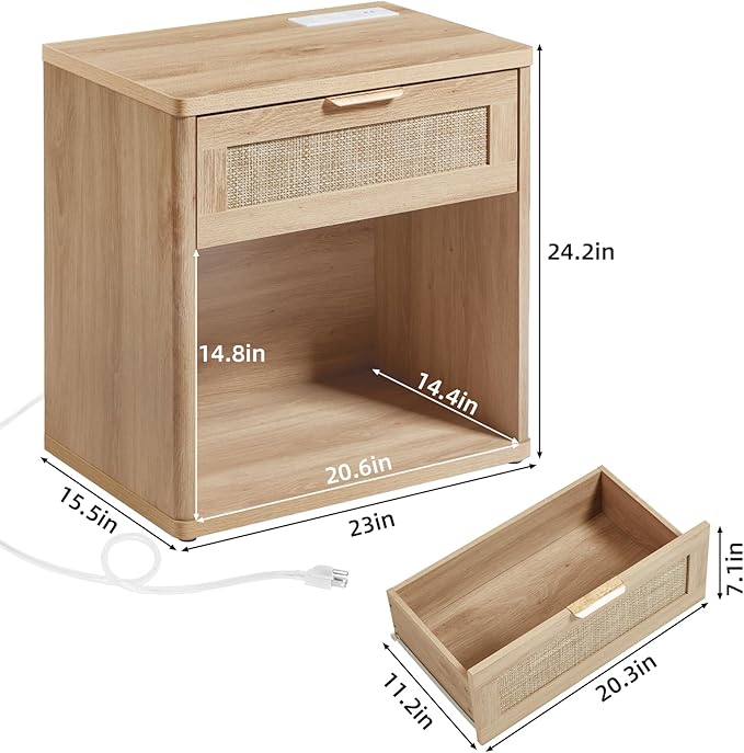 LEYAOYAO Rattan Nightstand with Charging Station, 23" Wide Boho Night Stand with Drawer, Natural Wood Bedside Table Open Storage Cabinet, Bed Side End Tables Dresser for Bedroom, Living Room, Hallway