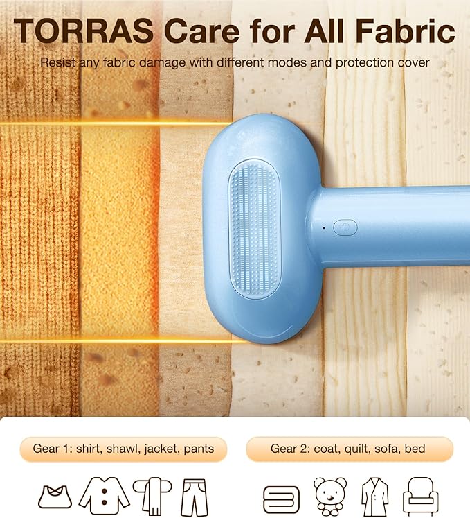 TORRAS Dual-Head Fabric Shaver, Longest Durability & 50ml Large Capacity Rechargeable Lint Removers to Remove Pills, 6-Leaf Blades Defuzzer, Electric Shaver for Clothes Couch Furniture, Sky Blue