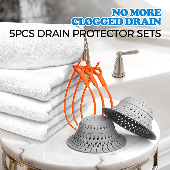 zaa 5 Pcs Bathtub & Shower Drain Hair Catcher, 2 Pack Silicone Collapsible Drain Protector and Drain Cover with 3 Snake Drain Clog Removers, for Pop-Up and Regular Drains of Tub, Shower, Bathroom