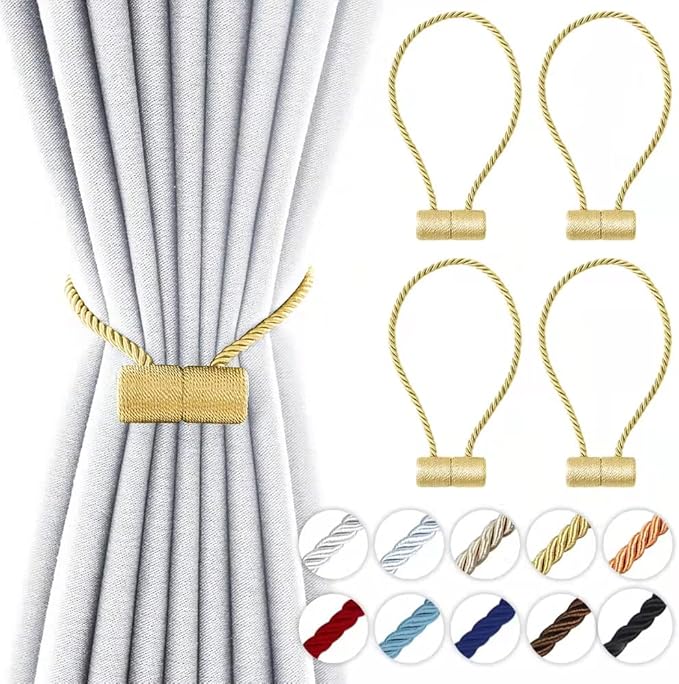 18 Inch Strong Magnetic Curtain Tiebacks, Curtain Holdbacks Modern Upgrade Strong 2021 New Twisted Style Decorative Drapery Rope Tie Backs(4 Pack Gold)