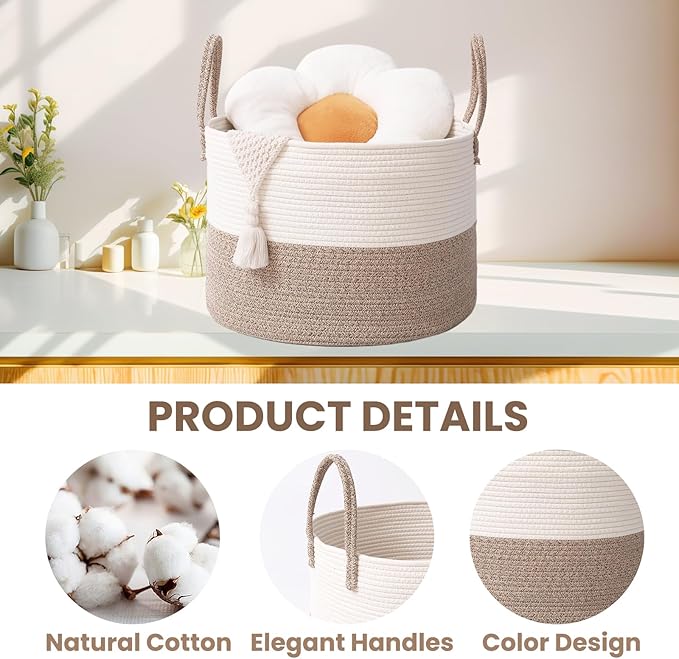 Woven Blanket Basket,65L Large Rope Storage Bin with Handles, Organizer for Blankets Toys Book and Clothes, Laundry Basket for Living Room Bedroom Nursery,White&Brown