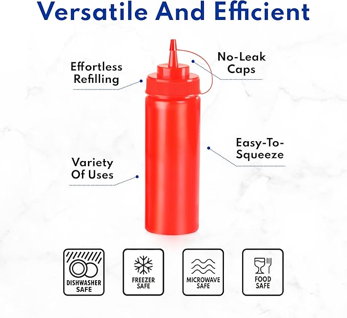 New Star Foodservice 26375 Squeeze Bottles, Plastic, 24 oz, Red, Pack of 6
