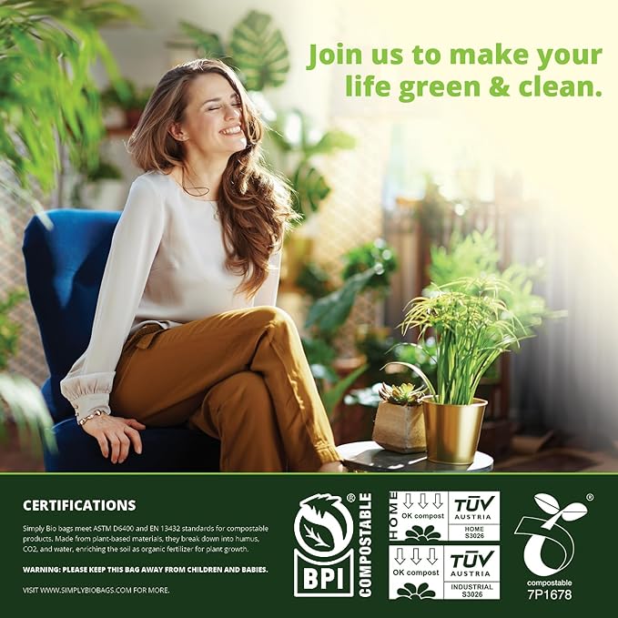 Simply Bio 13 Gallon Compostable Trash Bags Liners with Flat-Top, Thick 0.87 Mil, 49.21 Liter, 50 Bags, Tall Kitchen Food Scrap Waste Bag, ASTM D6400, US BPI and OK Compost Home Certified