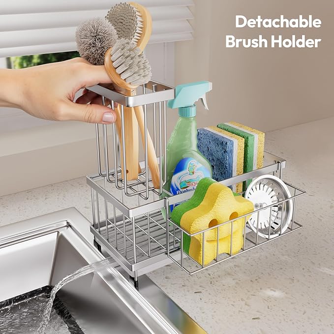 SWTYMIKI Sink Caddy Sponge Holder - Large Sponge Holder for Kitchen Sink with 360°Auto-Drain Tray, Rustproof Stainless Steel Kitchen Organizer Caddy for Countertop Organization
