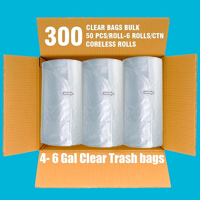 4-6 Gallon Trash Bags, 300 Count Bulk, Clear Plastic Recycling Bags, Multi-purpose Garbage Bags for Business Home Bathroom Kitchen Commercial and Industrial