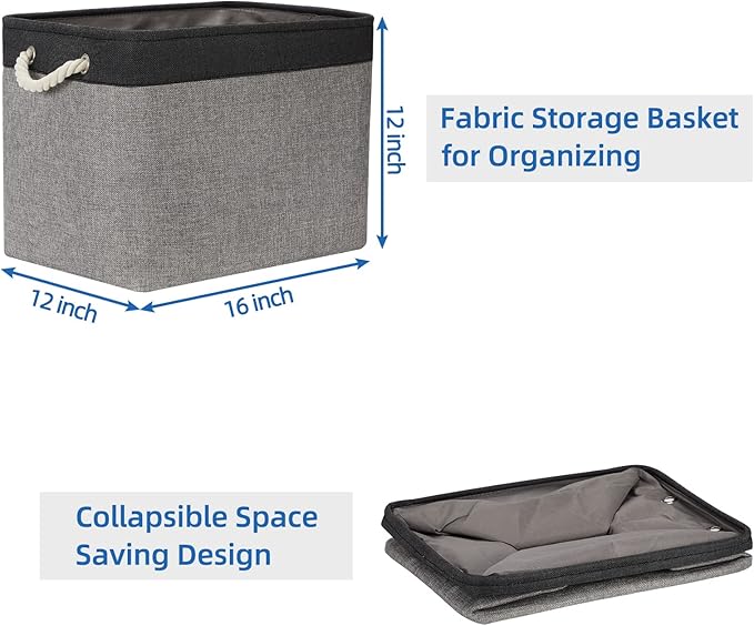 Temary Large Storage Baskets 2 Pack Cloth Basket for Shelves Collapsible Decorative Storage Organizer Baskets Canvas Storage Bins with Handles for Home(Grey&Black,16Lx12Wx12H Inches)