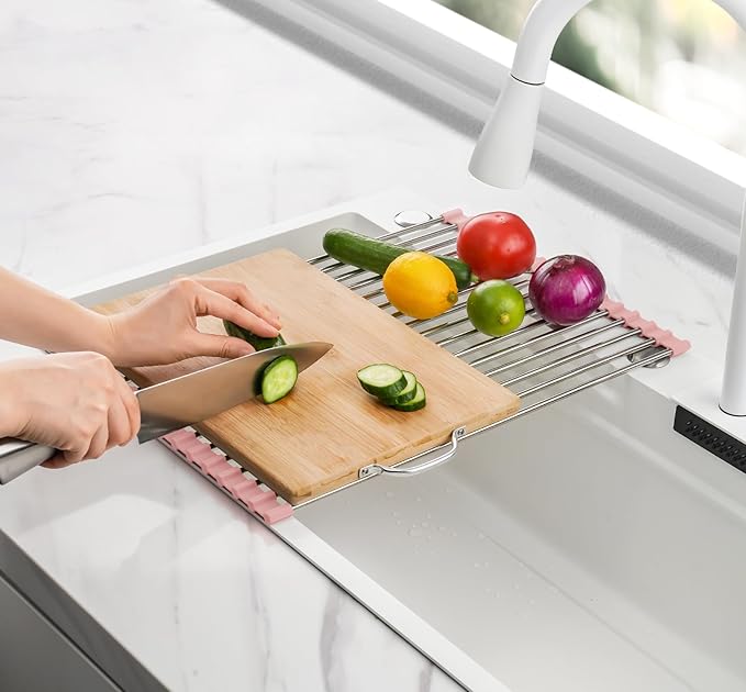 Tomorotec 17.7" x 12.5" Roll Up Dish Drying Rack Over Sink Drying Rack Sink Cover Kitchen Sink Accessories Gadget Multipurpose Organizer Foldable Stainless Steel Drainer