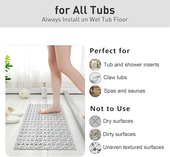 Shower Mat Non Slip Bathtub Mat - 27 x 16 Inch Eco-Friendly Soft Bath Mat for Tub Non Slip Shower Mats for Inside Shower with Suction Cups and Drain Holes, Easy to Clean Quick-Drying, Grey