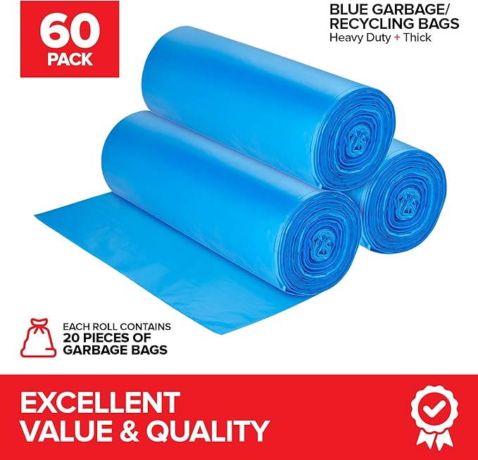Heavy-Duty Blue Recycling Bags, 60-Pack Blue Garbage Bags For Recycling | 33-Gallon Capacity| Commercial, Industrial or Home Use