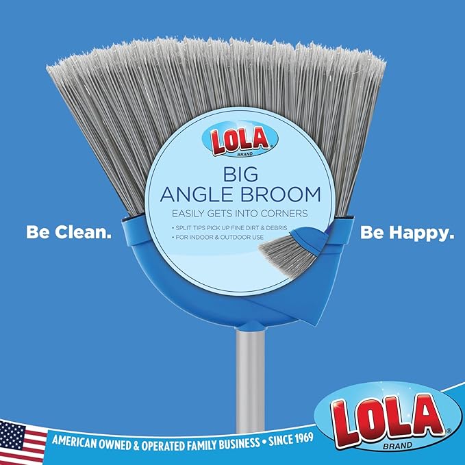 Angle Broom, 13" W Head, Large Style, Made w/Recycled Soda Bottle Bristles, & Aluminum, Includes Swivel Hang Cap for Storage -by LOLA, 1 Pack