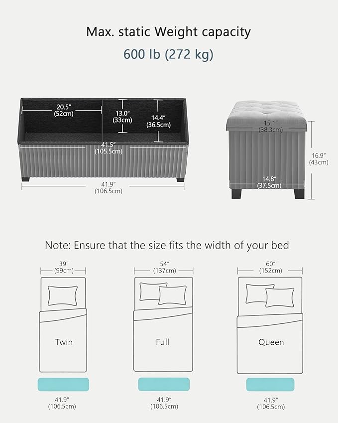 Storage Ottoman Bench, 43 Inch Foldable Ottoman with Legs, Velvet Foot Rest Stool, End of Bed Bench, Storage Chest for Living Room, Bedroom (Grey)