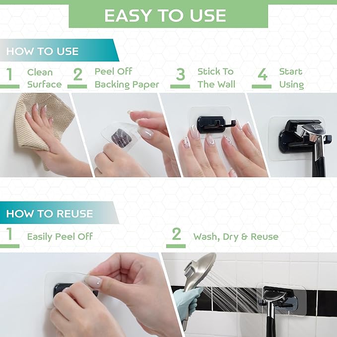 Hook LAB Self-Adhesive Shower Razor Holder, 2-Pack, Removable & Reusable Waterproof Hooks, for Towels, Bath Accessories, Kitchen & Bathroom Use - Black