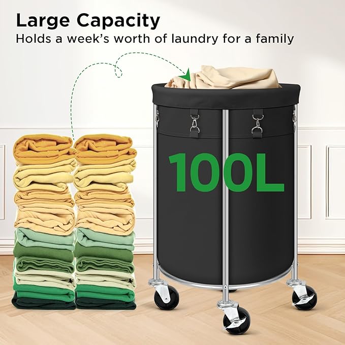 Laundry Hamper with Wheels, 100L Round Rolling Laundry Basket Sorter with Removable Bag, Clothes Cart Organizer with Steel Frame for Bedroom, Bathroom, Laundry Room, Black