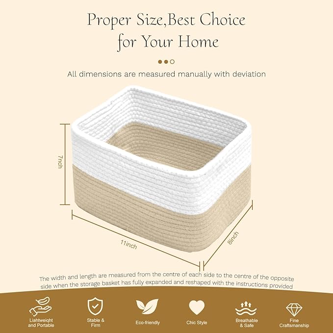 Hopegiver Woven Storage Baskets 11x8x7 Inch, 3 Pack Collapsible Cube Storage Bin for Shelves - Foldable Cotton Rope Organizer Bins for Towels, Toys, Books, Closet, Nursery (White Khaki)