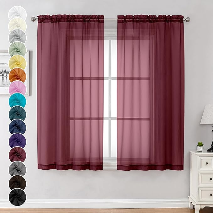 Chyhomenyc Burgundy Sheer Curtains 63 Inches Long 2 Panels Set, Light Filtering Voile Window Drapes for Bedroom Living Room, 42Wx63L Inch, Burgundy, 2PCS