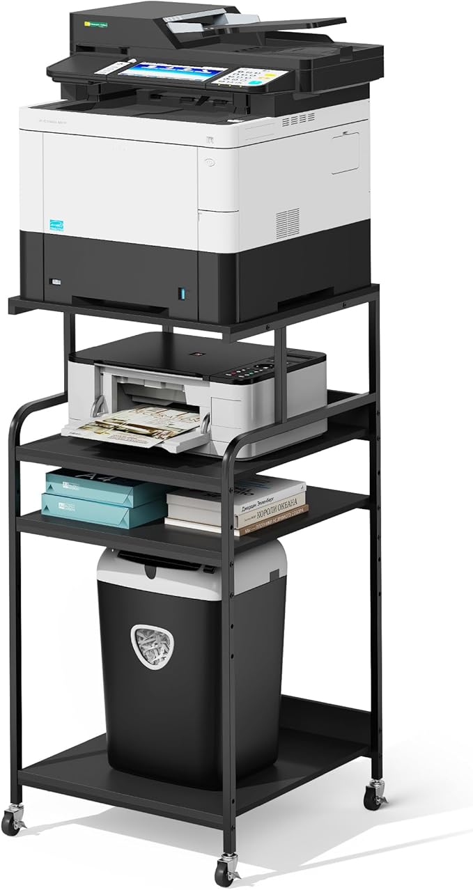 Extra Tall & Large Printer Stand, 24" x 24"x 46'' Height 4 Tier Metal Printer Table for Home Office, Printer Stand with Adjustable Storage Shelf, Rolling Cart for 3D Laser Printer (Black)