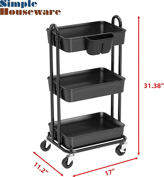 Simple Houseware 3-Tier Multifunctional Rolling Utility Cart with Hanging Bucket, Black