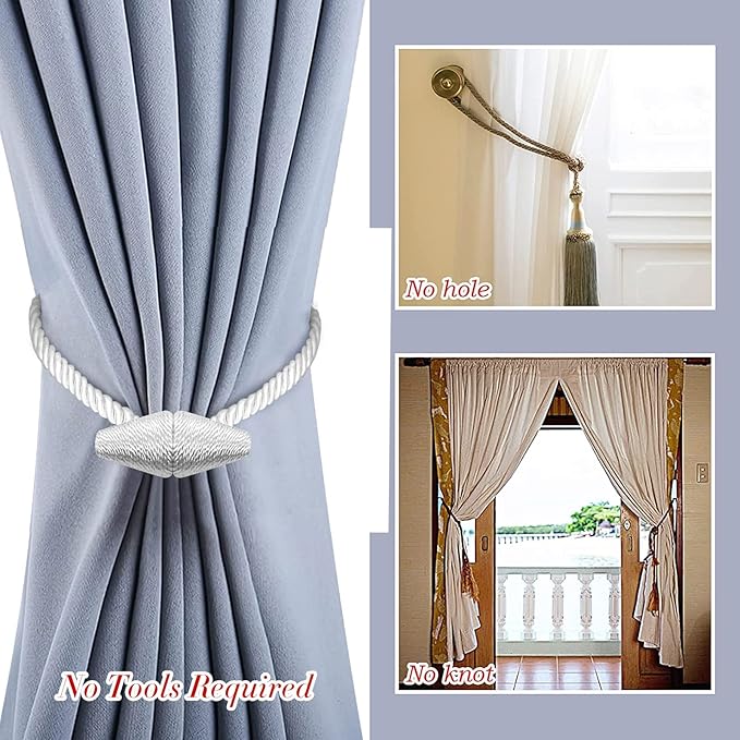 Hion Magnetic Curtain Tiebacks White 2pcs, Curtain Tiebacks Buckles Holdbacks Holders Hooks Clip for Home Bedroom Office Decorative Curtain