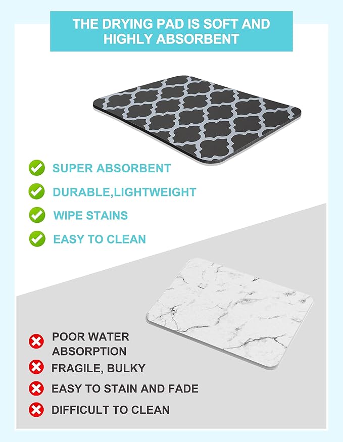 Dish Drying Mat for Kitchen Counter, 12"x19" Dish Drying Pad with Non-slip Rubber Backed, Hide Stain Anti Absorbent for Kitchen Counter, Drying Mat for Coffee Machine Dish Rack (Gray Trellis)