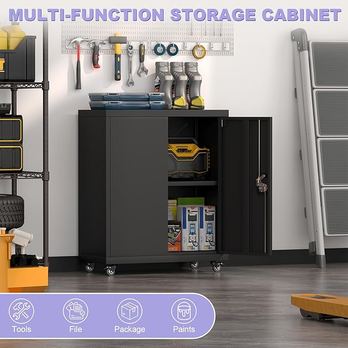 Metal Cabinet with Wheels, Steel Cabine with Locking Doors, Small Cabinet with 1 Adjustable Shelf, Tool Cabinets for Garage, Suitable for Home Office, Garage, Office