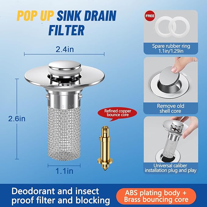 2PC Bathroom Sink Stopper Hair Catcher, Pop Up Sink Drain Filter with Removable Stainless Steel Filter Basket Hair Catcher, for US Bathroom Sink Stopper Replacement.