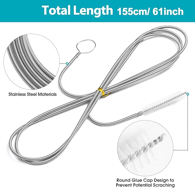 Extra-Thick Drain Brush with Stronger Spring 61-Inch Stainless Steel and Nylon Pipe Cleaner for Flexible, Curved & Slim Holes, Stronger Spring Version