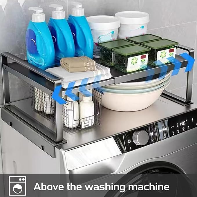 Adjustable Fridge Top Storage Rack,12.4"-23.62" Expandable Organizer Shelf,Refrigerator Storage, Anti-Slip,L-Shaped Design,Space Saver for Kitchen,Laundry,Dorm (Fits Most Appliances)