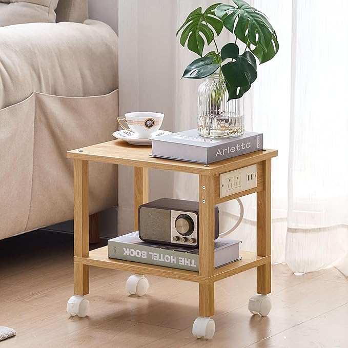 Lerliuo Under Desk Printer Stand with Charging Station, 2 Tier Wooden Small Printer Table with Storage, Rolling Printer Cart Shelf with Lockable Wheels for Home, Office (Natural)