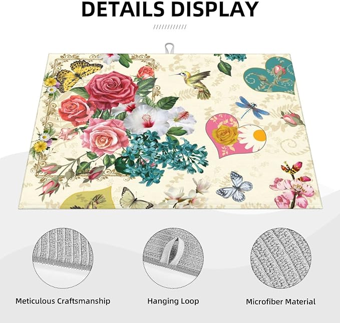 Dish Drying Mat For Kitchen Counter Absorbent Dish Mat Reversible Drainer Drying Kitchen Mat (Beautiful Boho Flowers, 24X18)